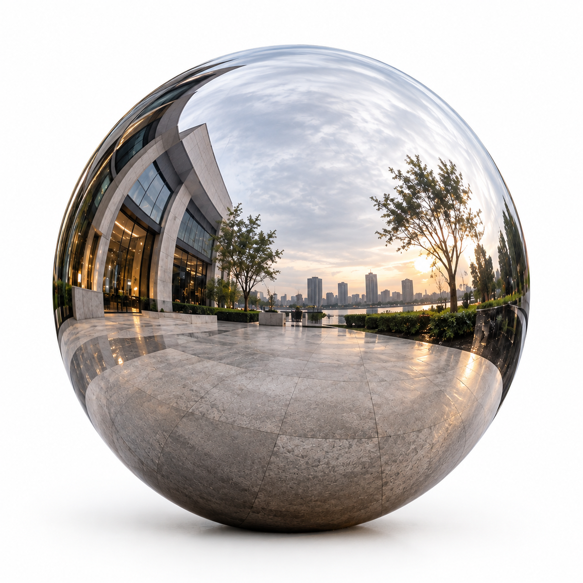 Reflective Horizon mirror-polished stainless steel sphere sculpture on a white background.