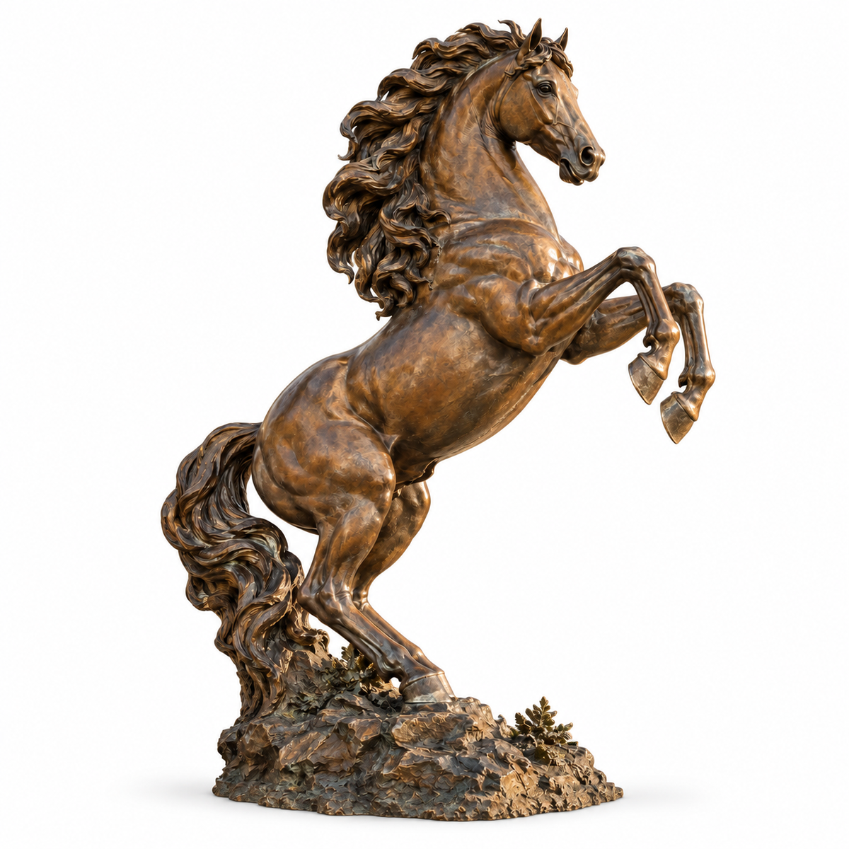 Warm bronze rearing horse sculpture with flowing mane and naturalistic base on a white background