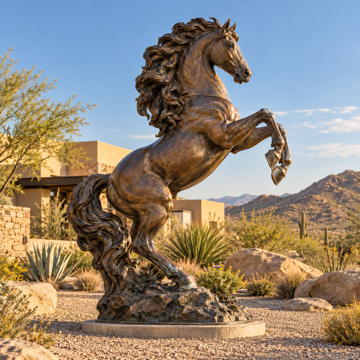 Regal Ascent Warm Bronze Rearing Horse Sculpture — desert garden.