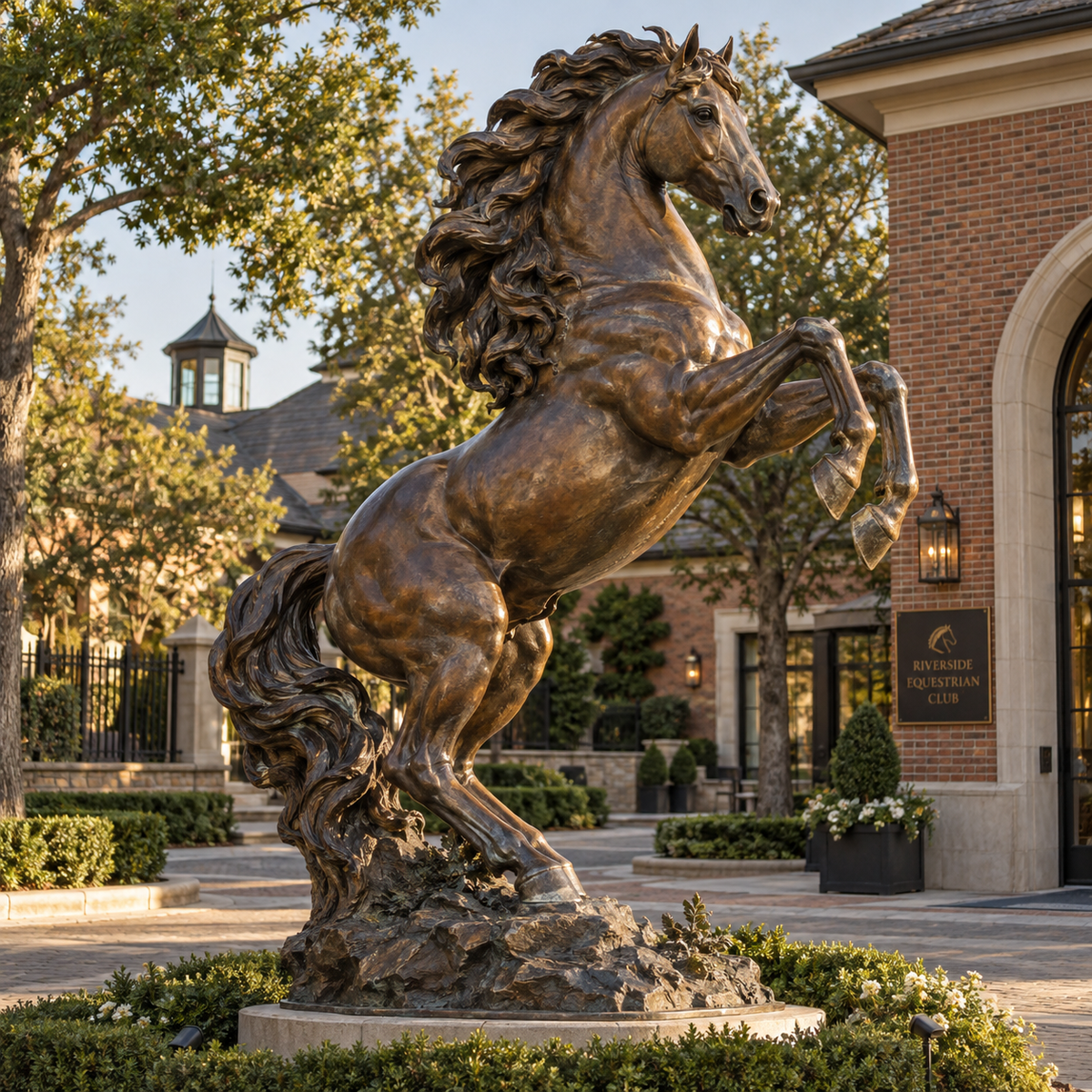 Regal Ascent warm bronze rearing horse sculpture displayed in a landscaped equestrian-style courtyard