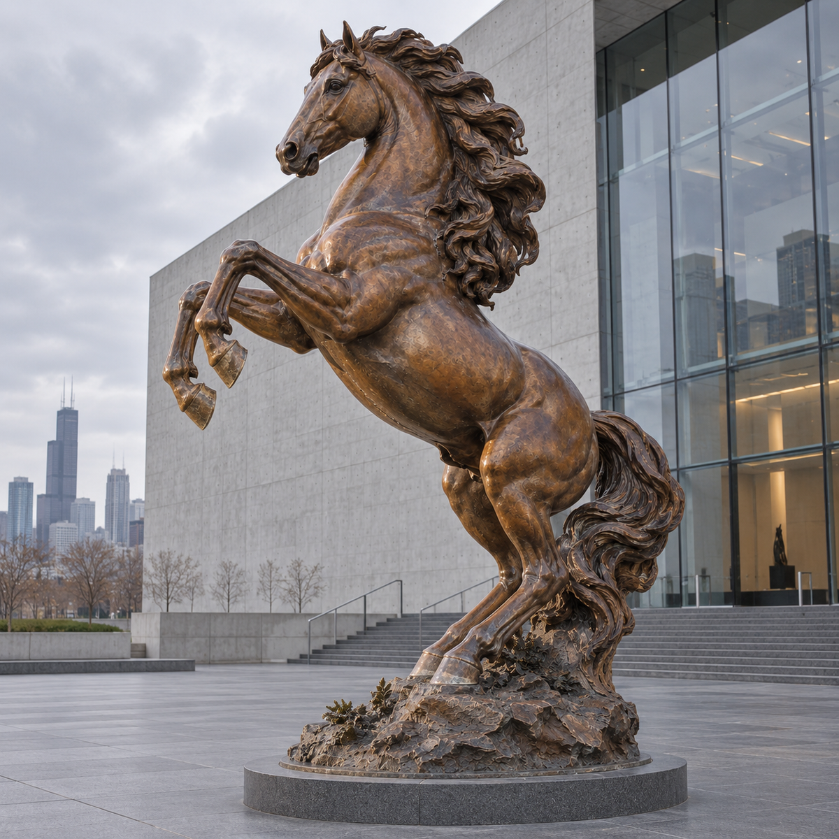 Regal Ascent Warm Bronze Rearing Horse Sculpture — modern civic plaza.