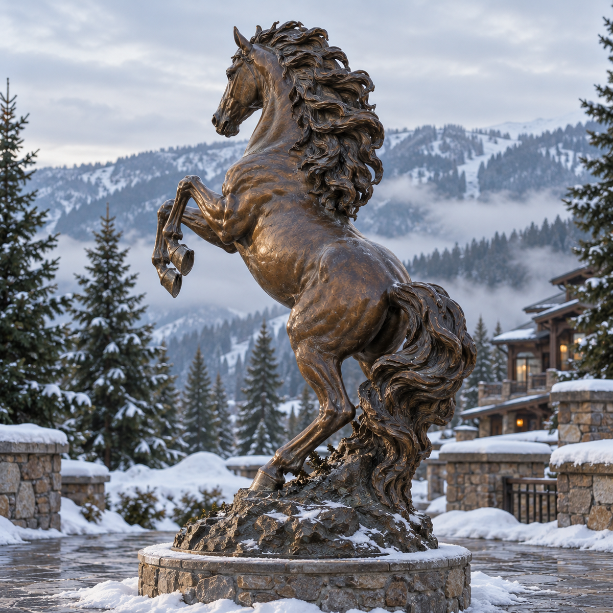 Regal Ascent Warm Bronze Rearing Horse Sculpture — snowy mountain courtyard viewed from behind.
