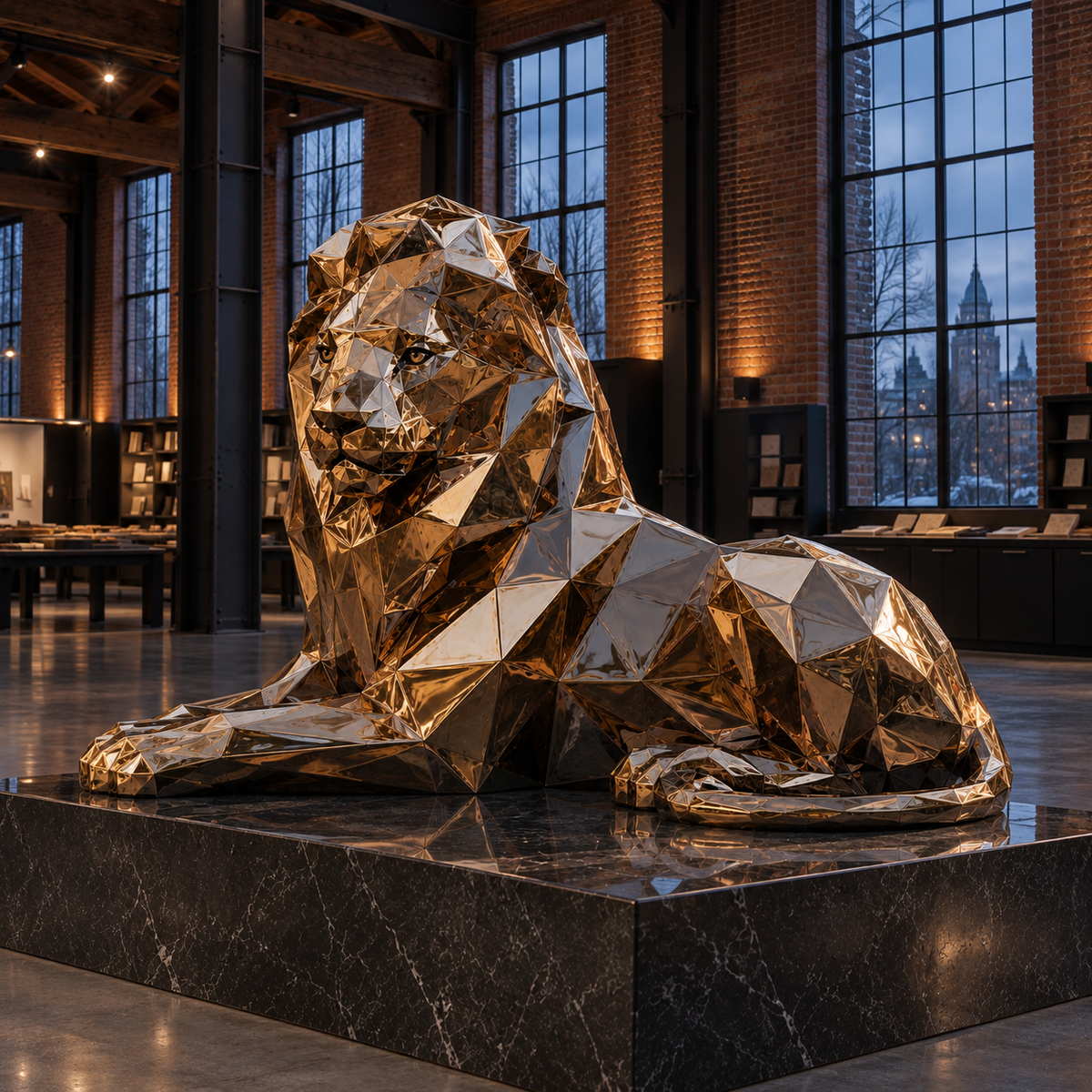 Regal Rest Large Bronze Finish Stainless Steel Geometric Reclining Lion Sculpture — brick gallery with tall windows.
