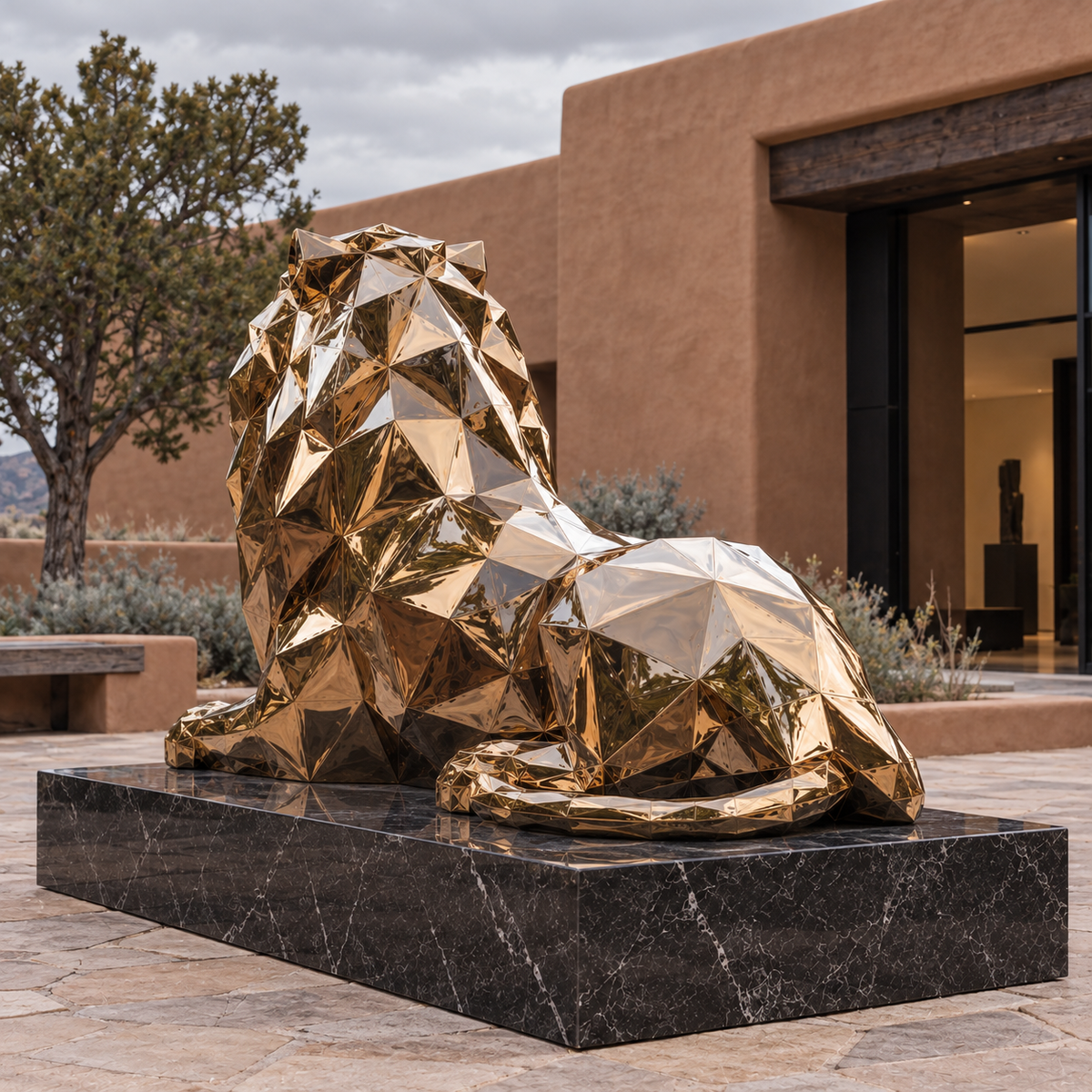 Regal Rest Large Bronze Finish Stainless Steel Geometric Reclining Lion Sculpture — desert courtyard viewed from behind.