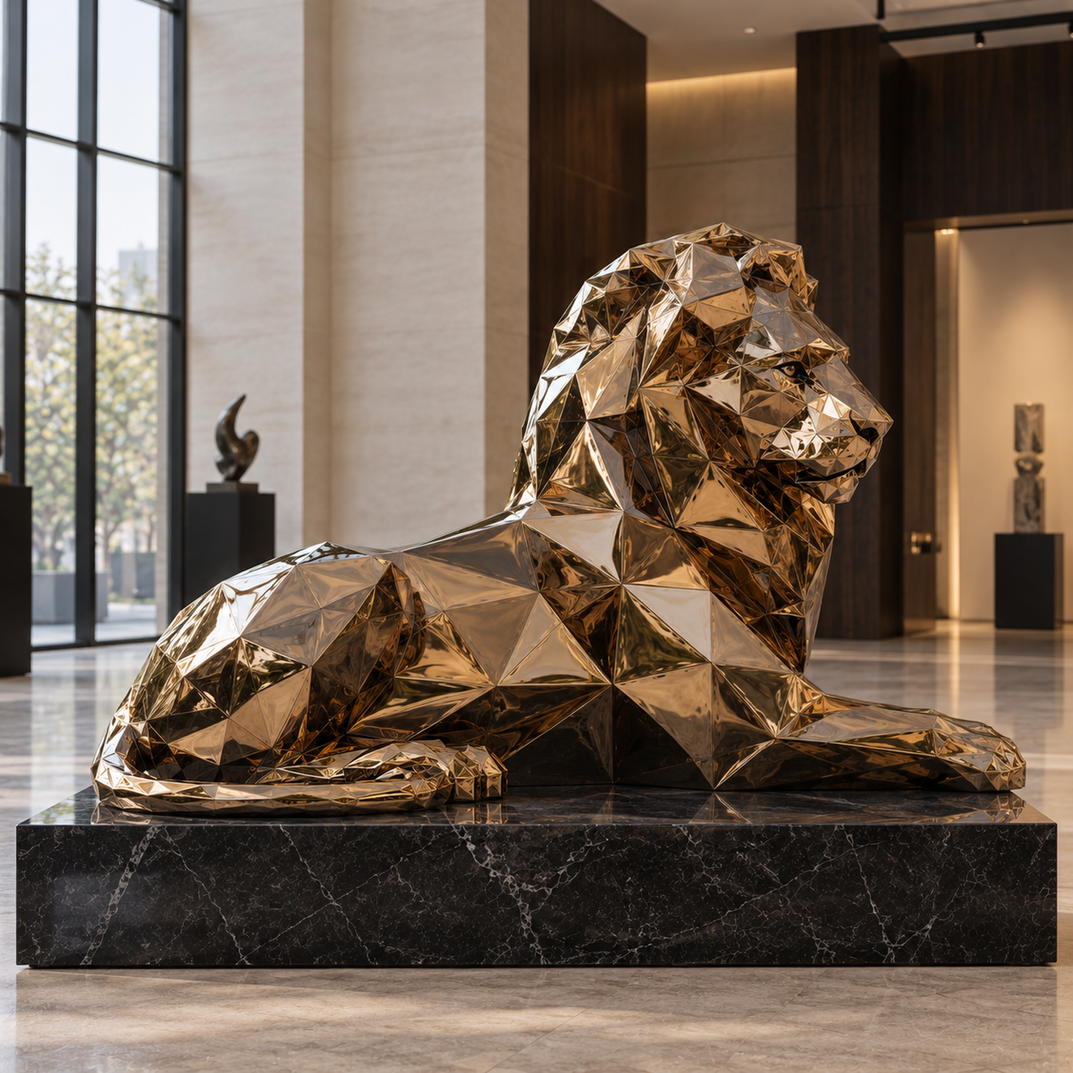 Regal Rest Large Bronze Finish Stainless Steel Geometric Reclining Lion Sculpture — modern gallery lobby.