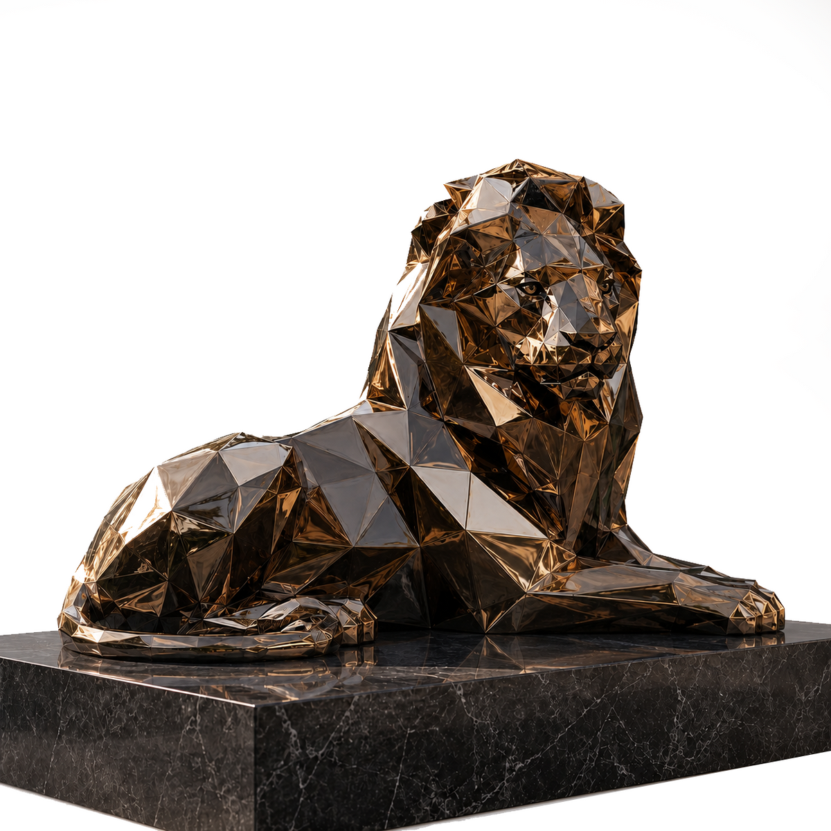 Regal Rest large bronze finish stainless steel geometric reclining lion sculpture on a white background