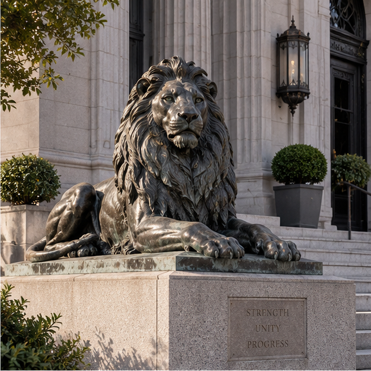 Regal Strength large bronze reclining lion sculpture displayed outdoors on a stone pedestal at a classical building entrance.