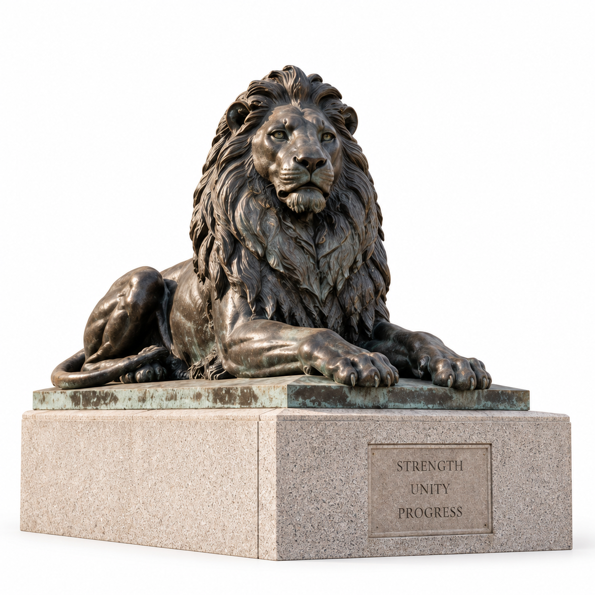 Regal Strength large bronze reclining lion sculpture isolated on a clean white background, showing its detailed mane, reclining pose, and engraved stone pedestal.