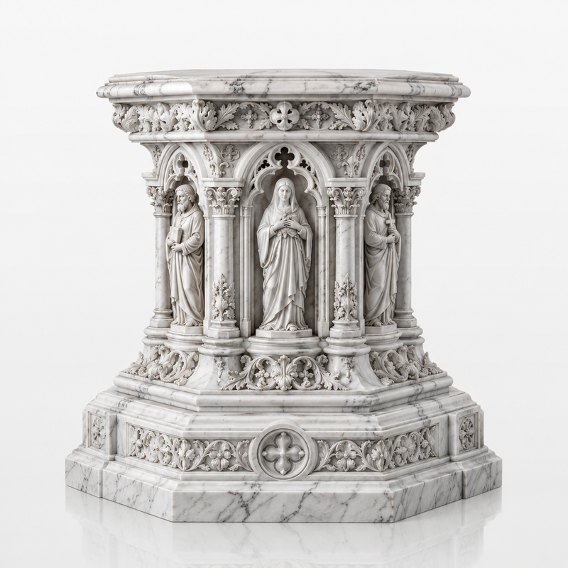 Religious figure white marble octagonal sculpture pedestal base with classical carved niches