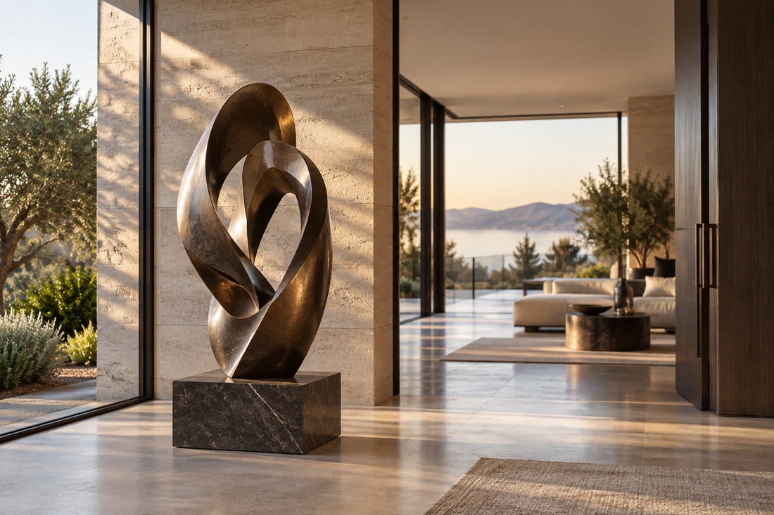 Abstract bronze sculpture displayed in a luxury residential interior with open views and refined modern styling.