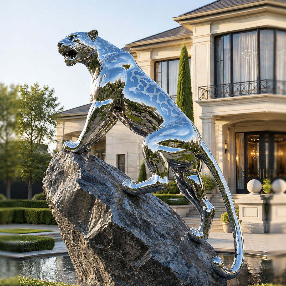 Mirror stainless steel climbing leopard sculpture on a dark rock base displayed in a luxury outdoor garden landscape.