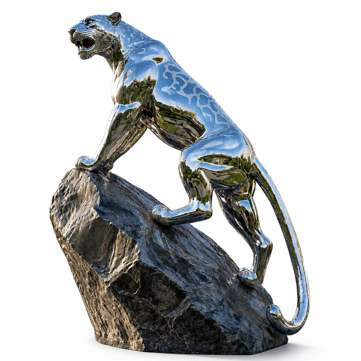Mirror stainless steel climbing leopard sculpture standing on a dark textured rock base against a white background.