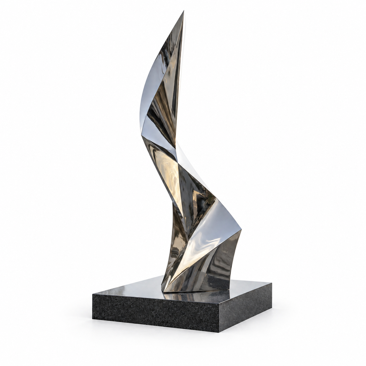 Rising Facet mirror stainless steel geometric abstract sculpture with twisting faceted surfaces displayed on a white background.