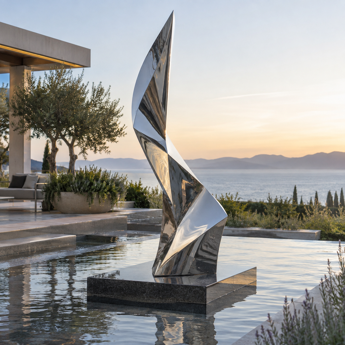 Rising Facet mirror stainless steel geometric abstract sculpture displayed beside a reflecting pool in a modern waterfront landscape.