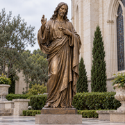 Sacred Benediction bronze Jesus Christ sculpture displayed in a church garden setting