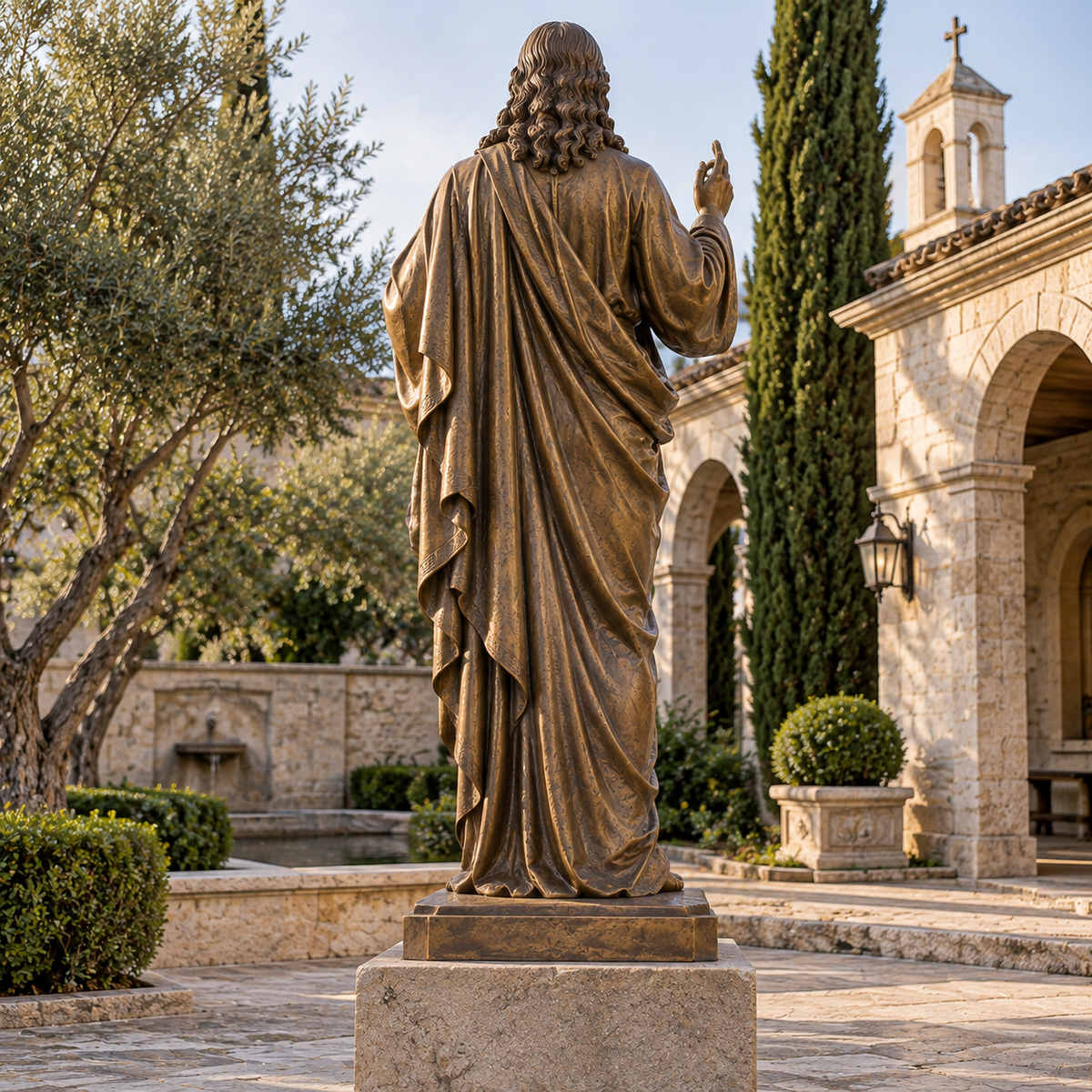 Sacred Benediction Bronze Jesus Christ Sculpture — Mediterranean chapel courtyard viewed from behind.