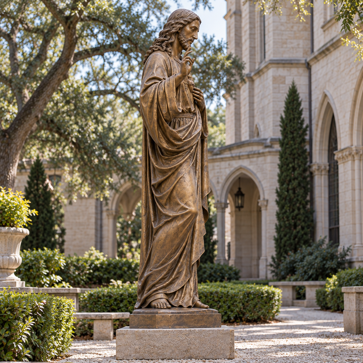 Sacred Benediction Bronze Jesus Christ Sculpture — stone church garden viewed from the side.