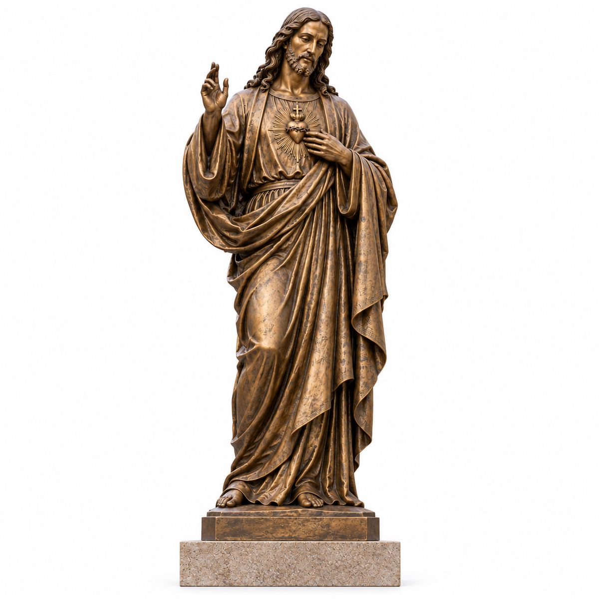 Bronze Jesus Christ sculpture with raised blessing hand and flowing robes on a white background