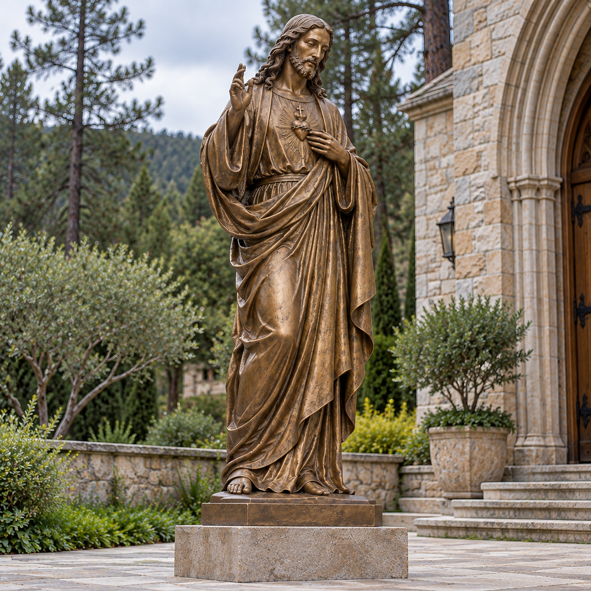 Sacred Benediction Bronze Jesus Christ Sculpture — woodland chapel entrance.
