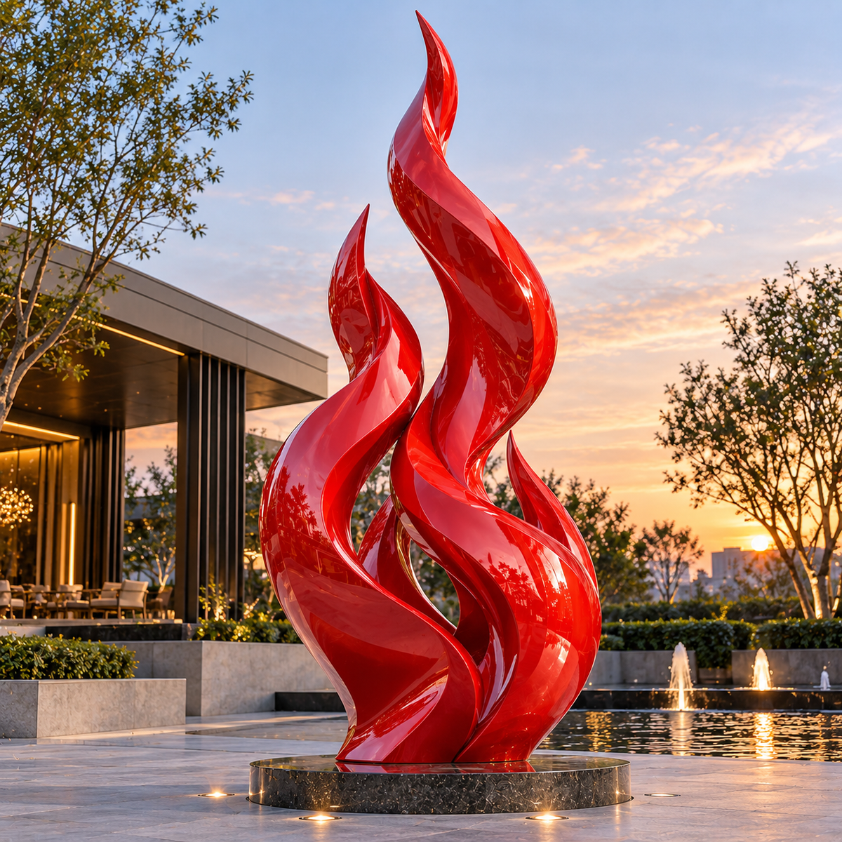 Scarlet Surge glossy red fiberglass abstract flame sculpture displayed in a modern outdoor landscape