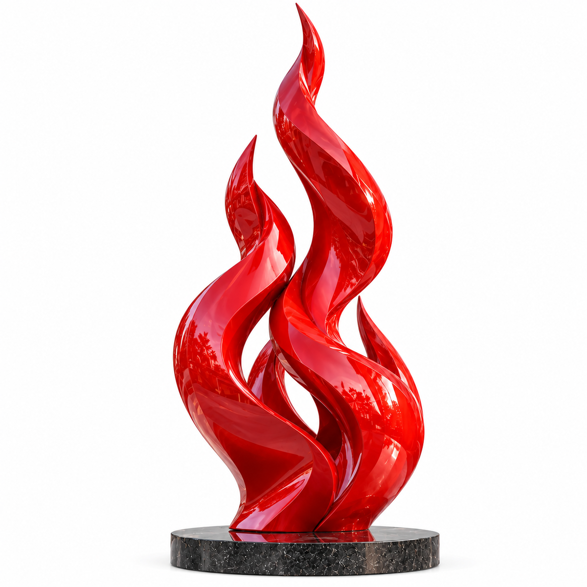 Glossy red fiberglass abstract flame sculpture with twisting flowing forms on a white background