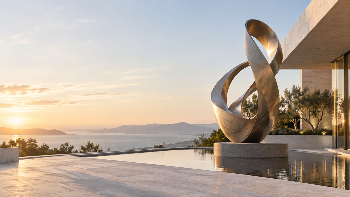 Abstract metal sculpture on a terrace overlooking mountains at sunset.