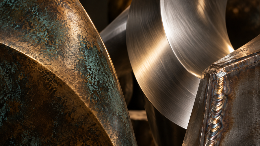 Close-up view of metal sculpture materials and fabrication finishes showing contrasting textures and surfaces.