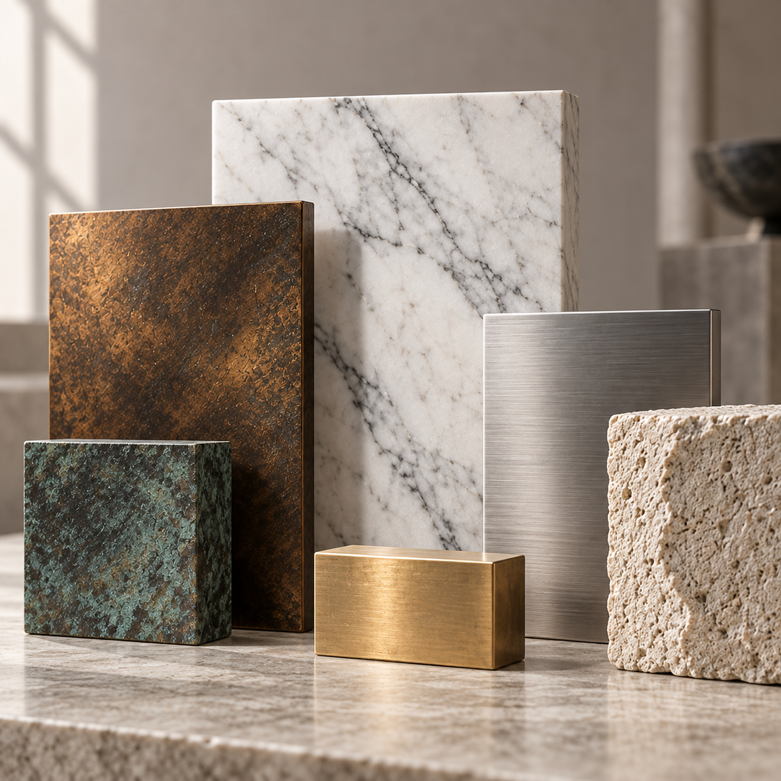 Sculpture materials guide showing marble, bronze, stainless steel, stone, and other finish samples.
