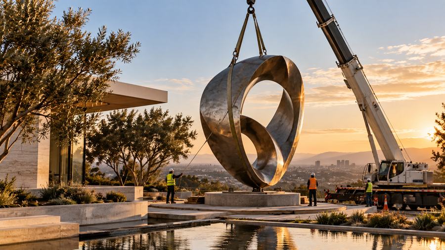 Large abstract sculpture being installed at a luxury outdoor property using professional lifting equipment.