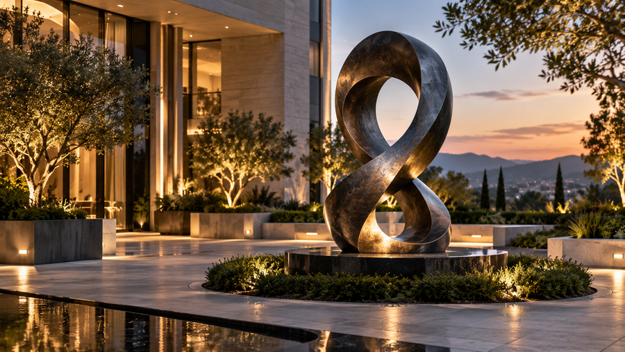 Finished abstract sculpture displayed in a luxury residential landscape illustrating project planning and placement guidance.