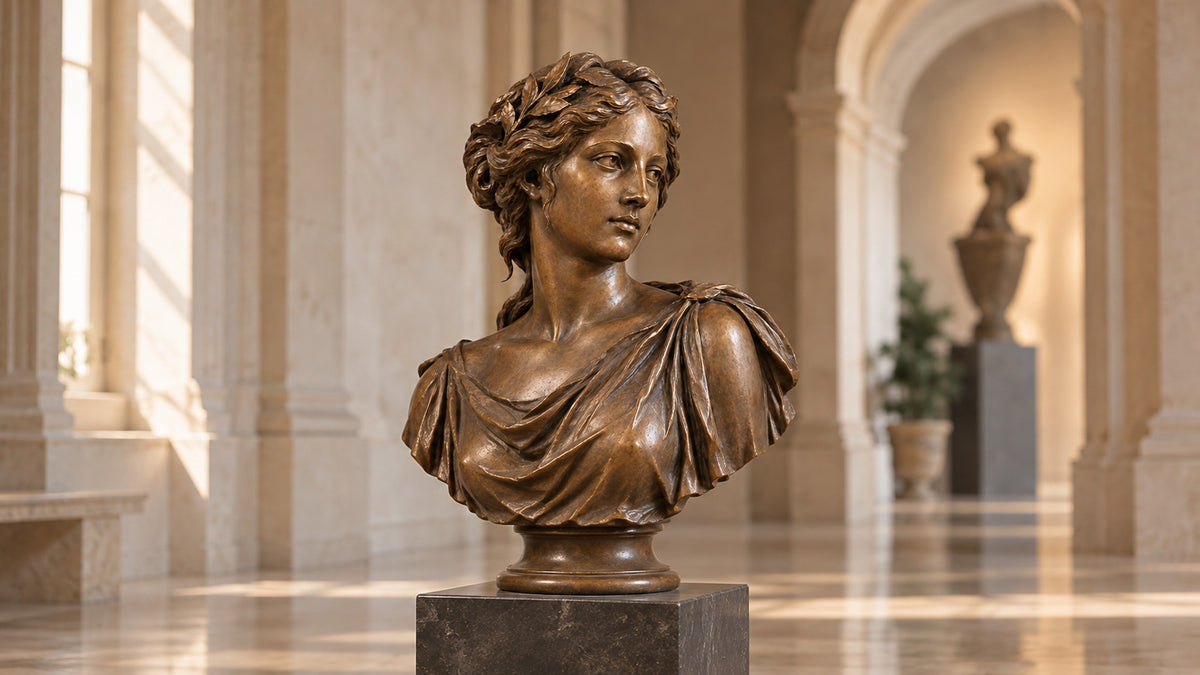 Classical bronze female bust with detailed hair and draped clothing on a pedestal in an elegant gallery.