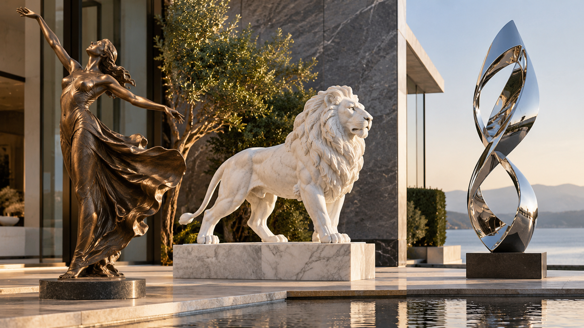 Bronze female sculpture, white marble lion statue, and polished stainless steel abstract sculpture displayed in a luxury architectural courtyard.