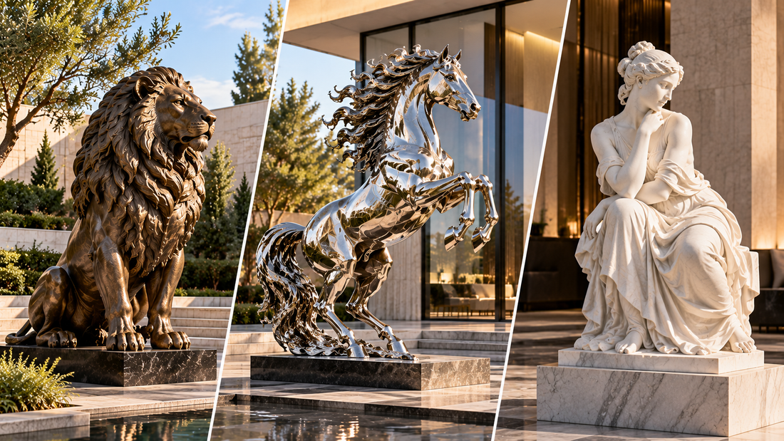 Bronze lion, polished metal horse, and white marble figurative sculpture displayed in luxury architectural settings.