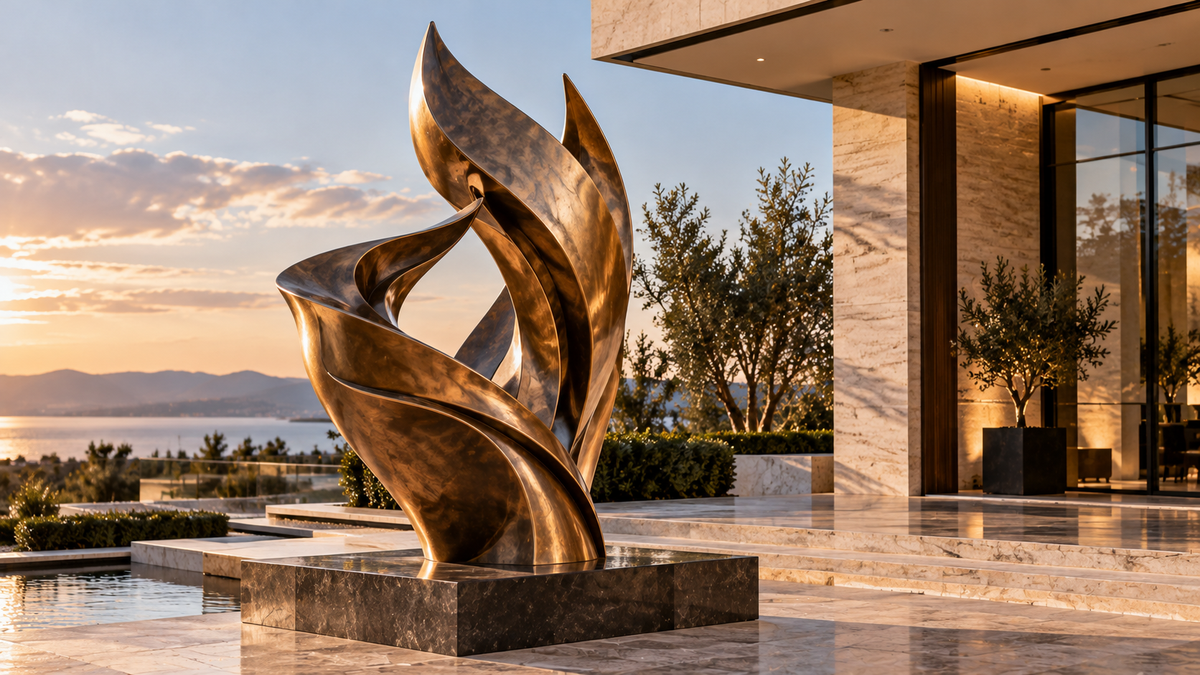 Large abstract bronze sculpture displayed on a stone pedestal outside a modern luxury residence.