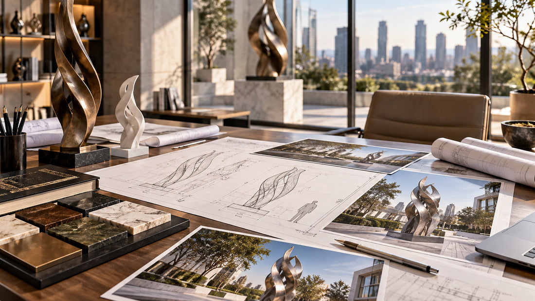 Architectural studio worktable featuring a scale model of a modern building and public sculpture, design drawings, and material samples.