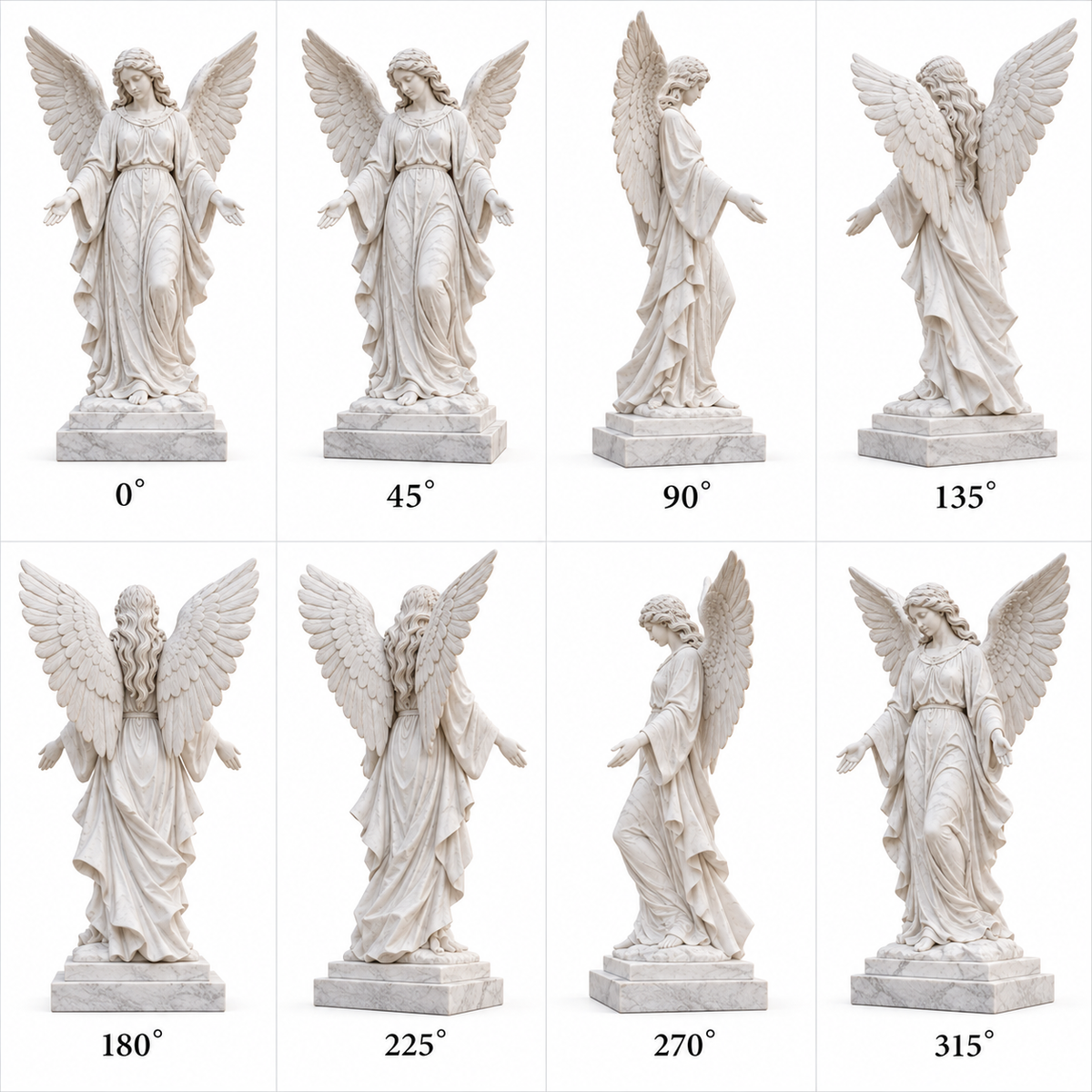 360-degree views of Seraphic Welcome white marble angel sculpture with feathered wings