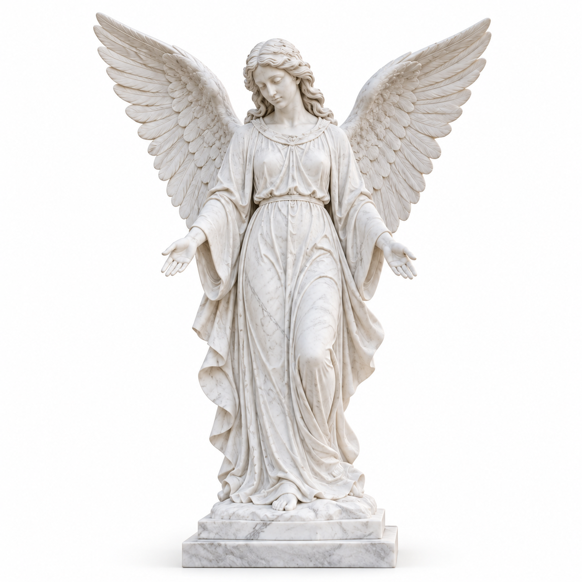 White marble angel sculpture with open hands, flowing robes, and large feathered wings on a white background