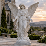 Seraphic Welcome white marble angel sculpture with open hands displayed in a classical garden setting