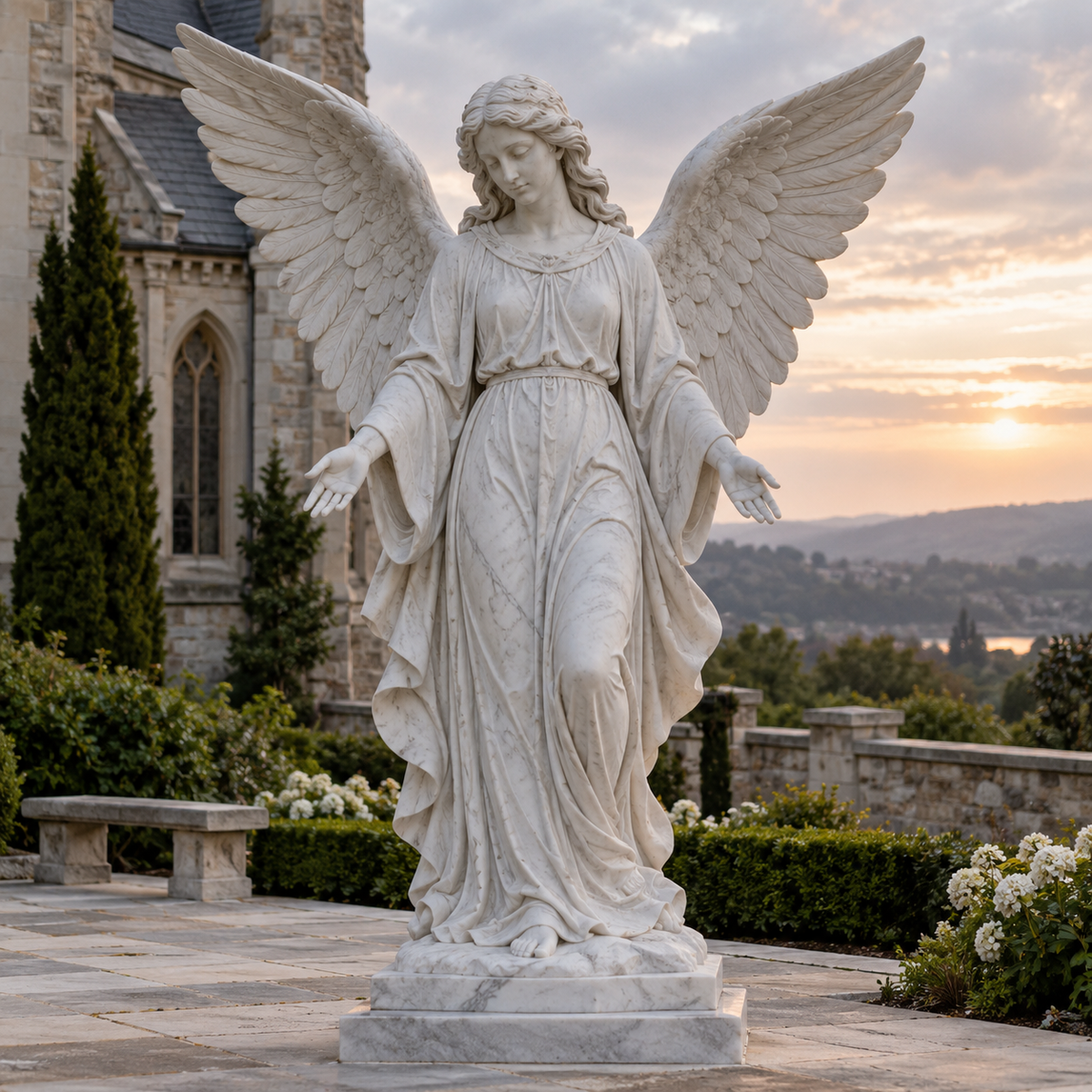 Seraphic Welcome white marble angel sculpture with open hands displayed in a classical garden setting
