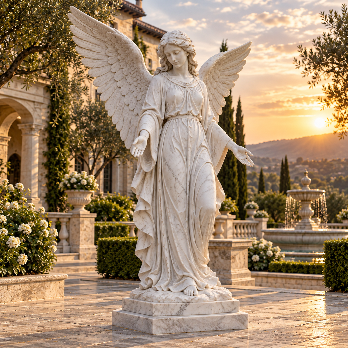 Seraphic Welcome White Marble Open-Hand Angel Sculpture — estate garden at sunset.