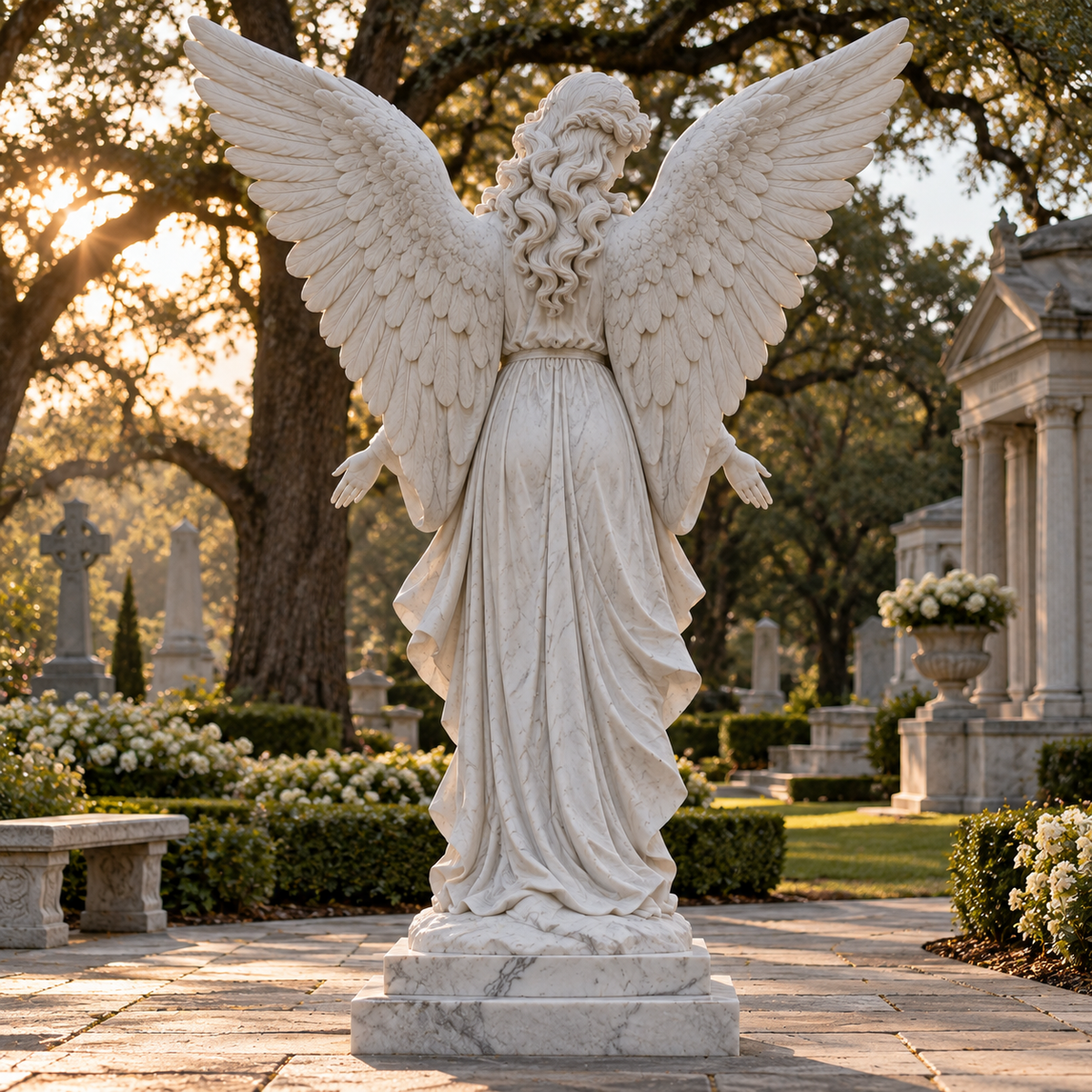 Seraphic Welcome White Marble Open-Hand Angel Sculpture — formal memorial garden viewed from behind.