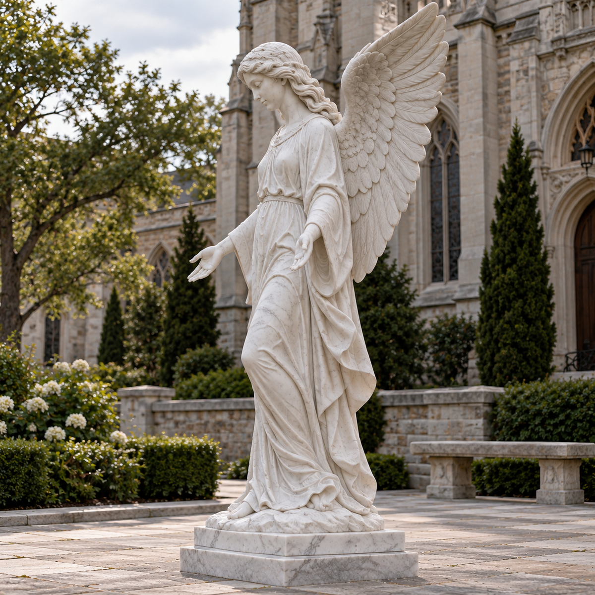 Seraphic Welcome White Marble Open-Hand Angel Sculpture — stone church courtyard viewed from the side.