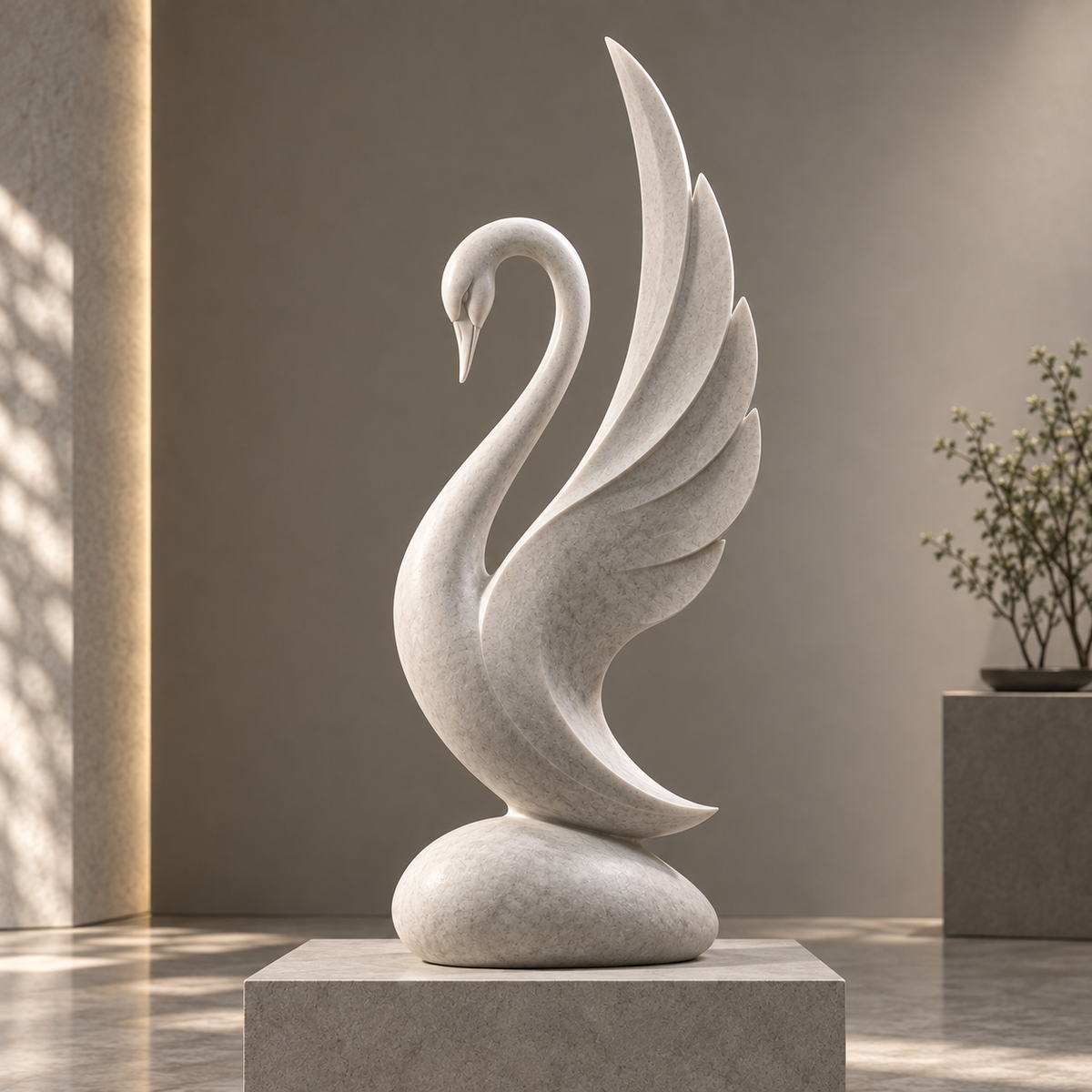 Serene Swan white marble abstract swan sculpture displayed in a refined indoor home setting