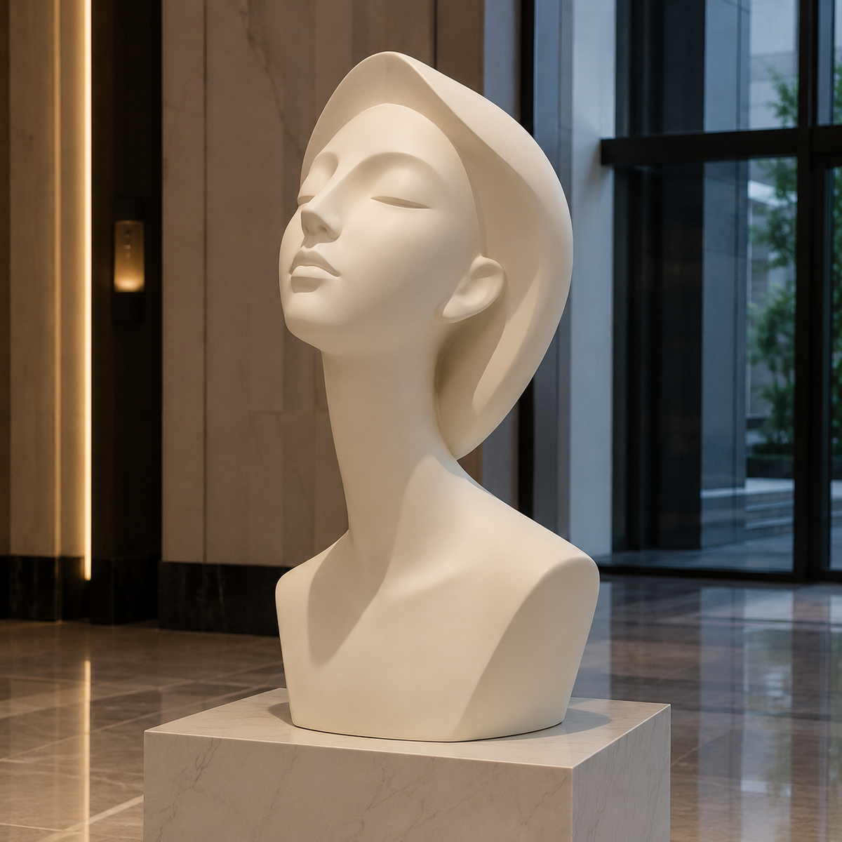 Serene Vision white fiberglass female portrait sculpture displayed in a modern lobby setting
