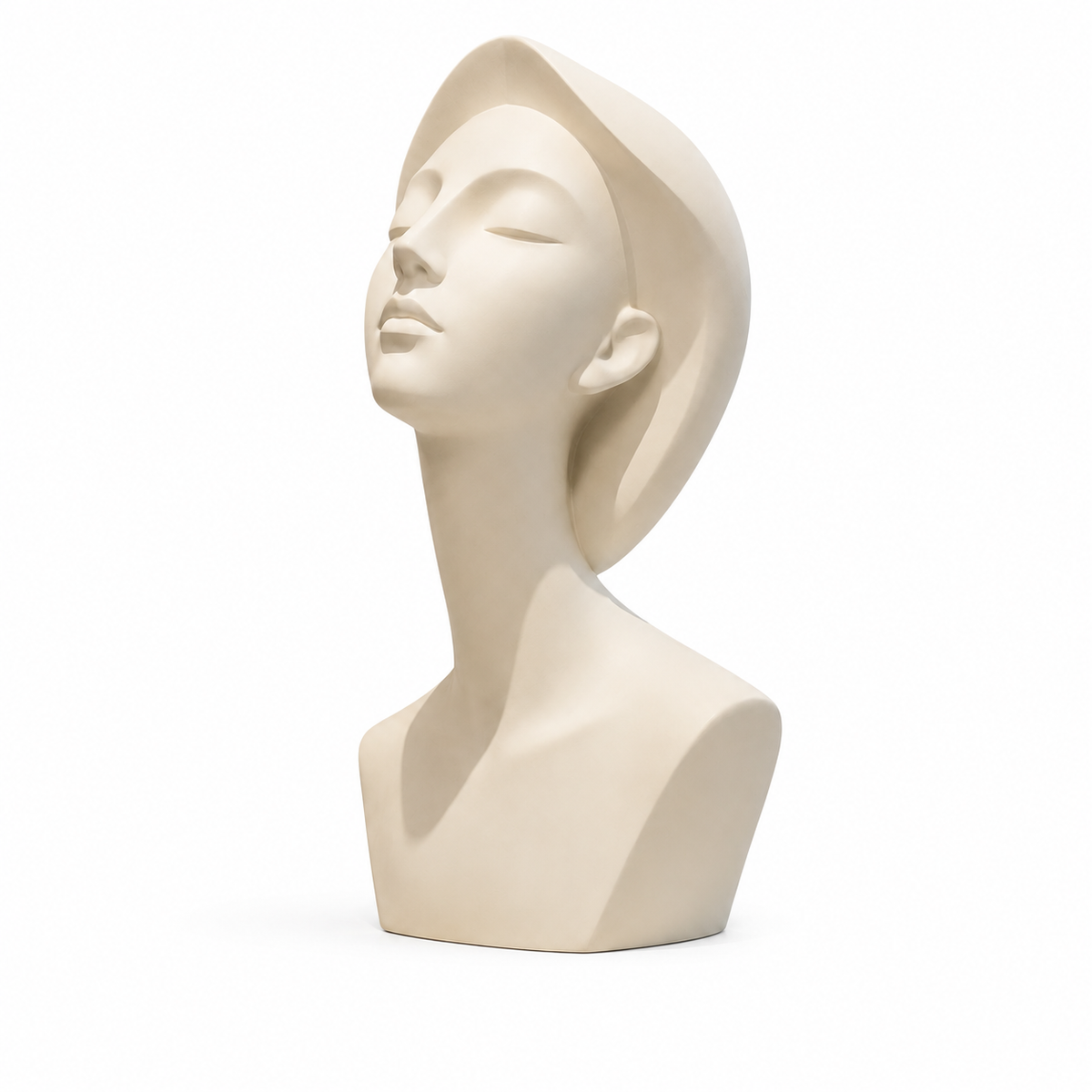 Serene Vision white fiberglass female portrait sculpture on a white background with a minimalist modern portrait design