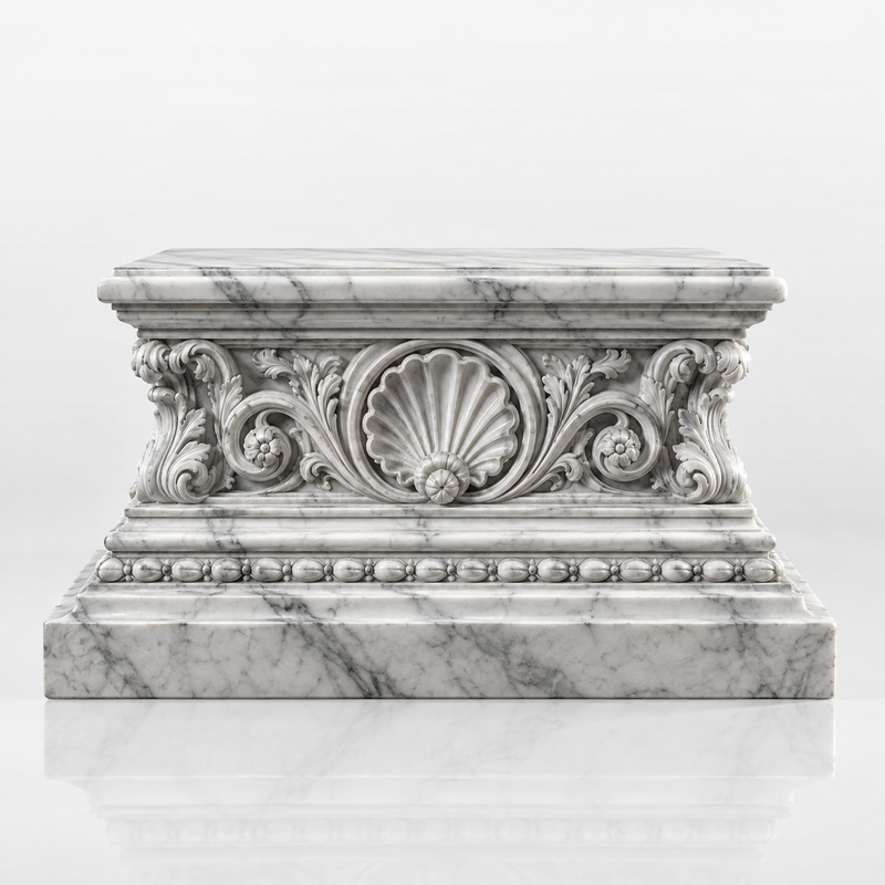 Shell relief white marble rectangular sculpture base with carved ornamental band