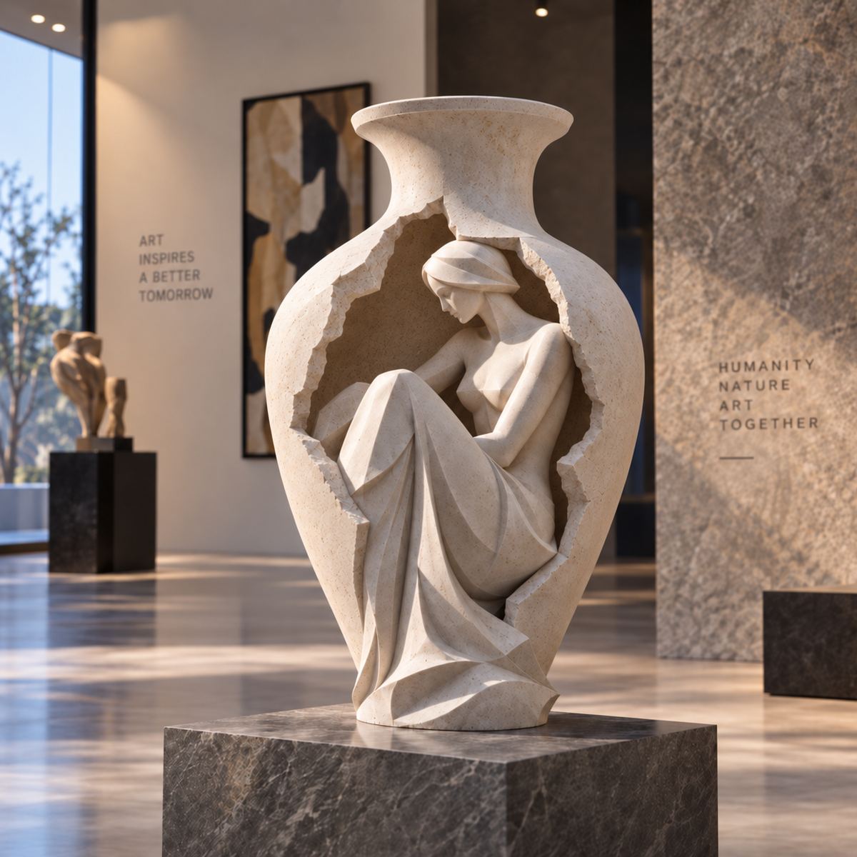 Sheltered Grace white stone figurative vase sculpture displayed in a contemporary interior space
