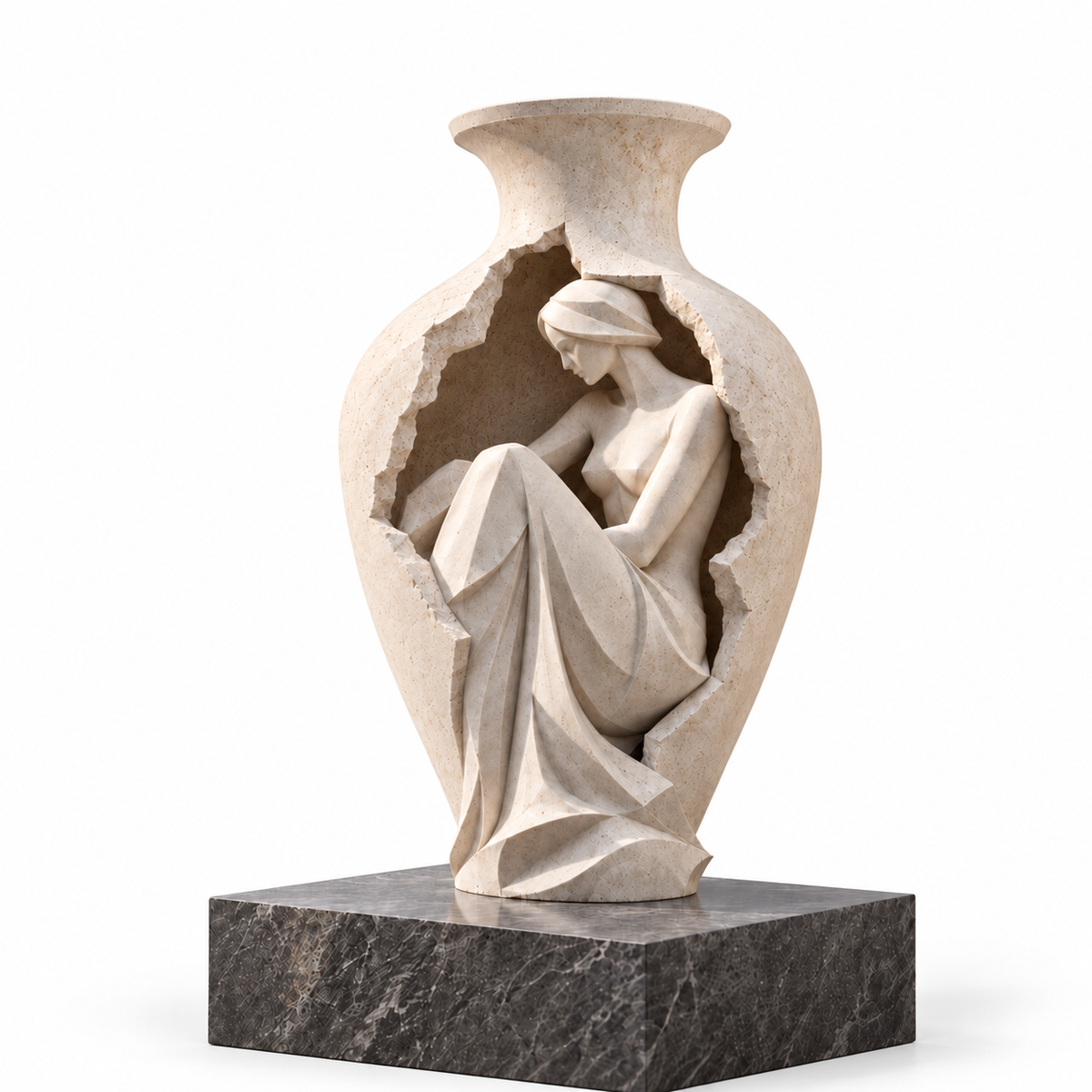 Sheltered Grace white stone figurative vase sculpture on white background