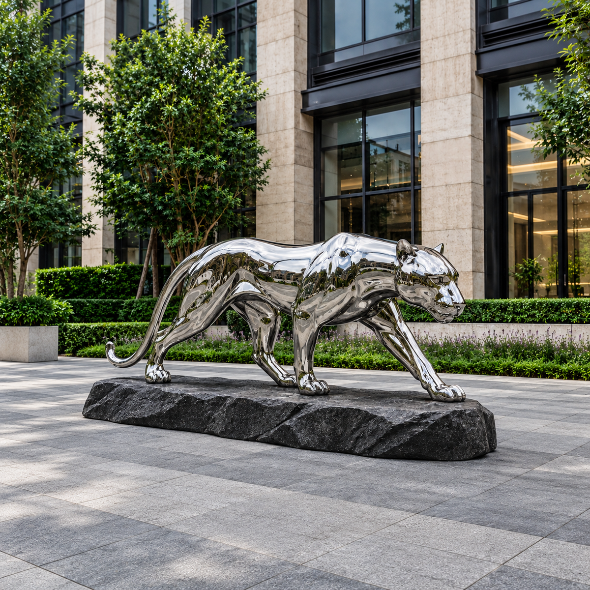 Silent Hunter mirror stainless steel walking leopard sculpture displayed in an outdoor garden and landscape setting.