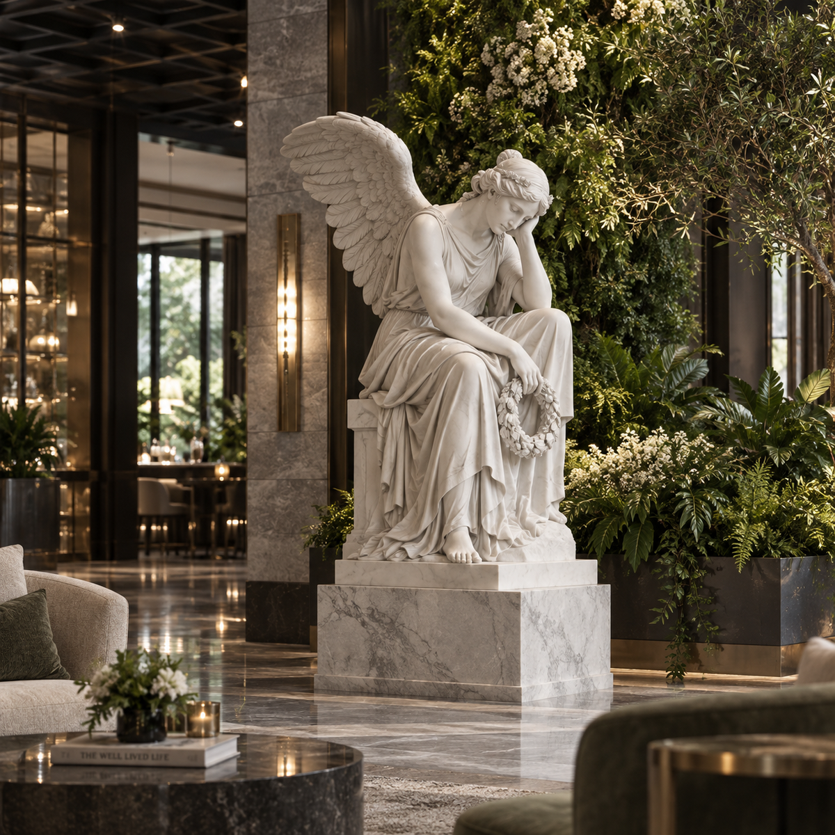 Silent Remembrance white marble seated mourning angel sculpture holding a memorial wreath in a luxury interior garden setting.
